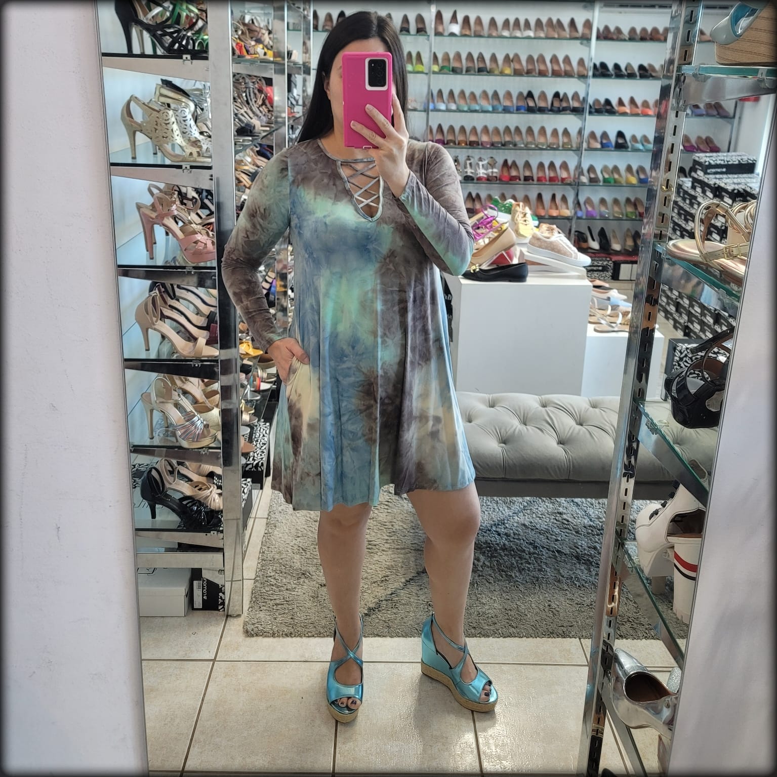 Vestido Corto Manga Larga Tie Dye Azul Gris