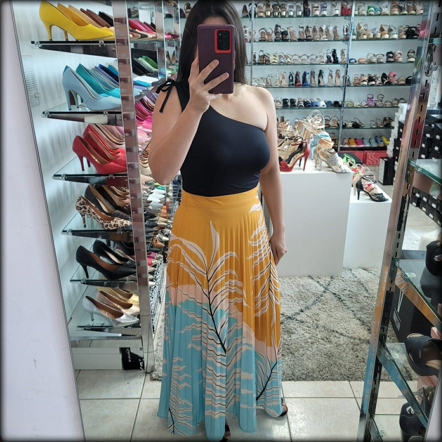 FALDA PLISADA ESTAMPADO MOSTAZA AZUL