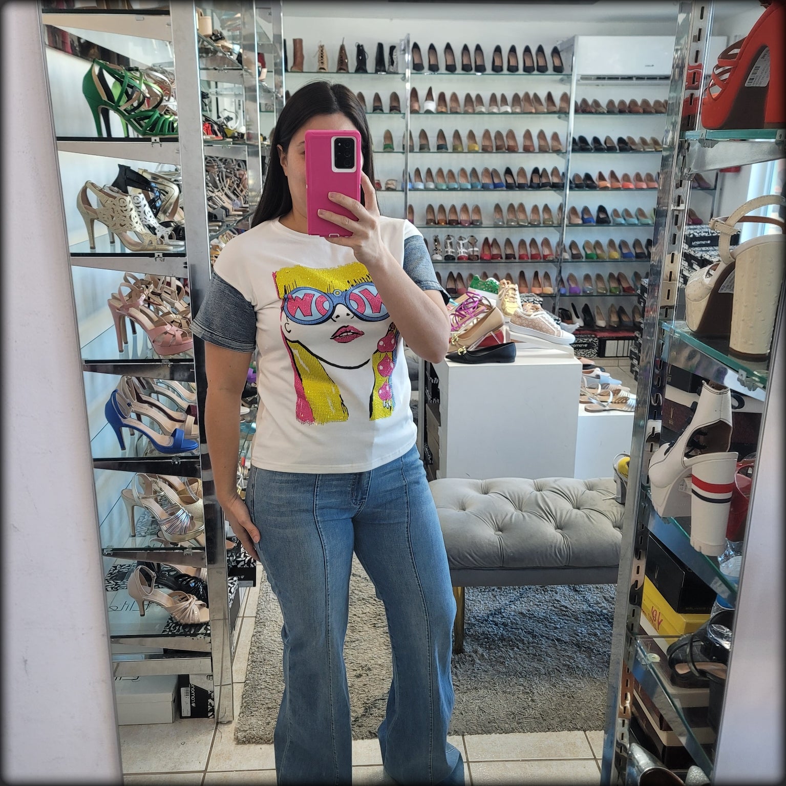 TSHIRT BLANCA ESTAMPADO CARA MANGA DENIM