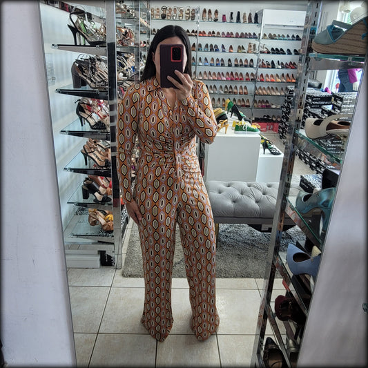 JUMPSUIT MANGA LARGA ESTAMPADO ANARANJADO LILA