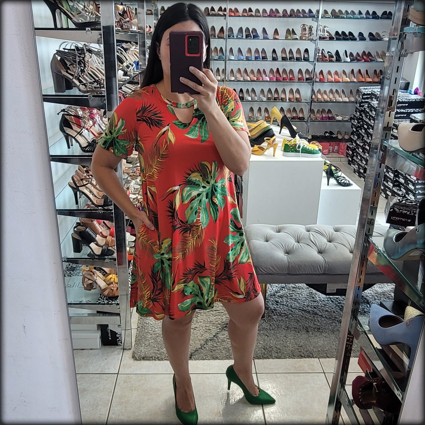 VESTIDO MANGA CORTA ESTAMPADO TROPICAL CORAL