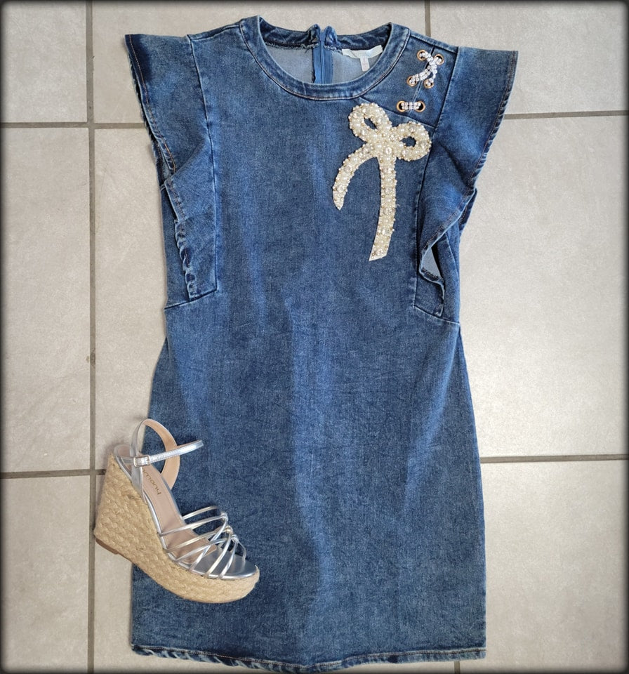 VESTIDO MAHON CORTO CON LAZO EN RHINESTONE