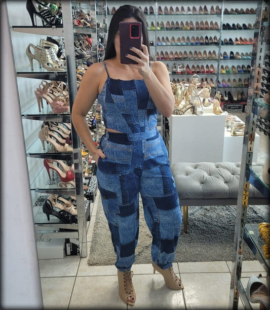 SET CROP TOP Y PANTALON ESTAMPADO DENIM