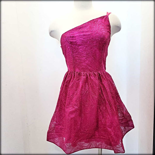 VESTIDO CORTO ONE SHOULDER GLITTER FUCSIA