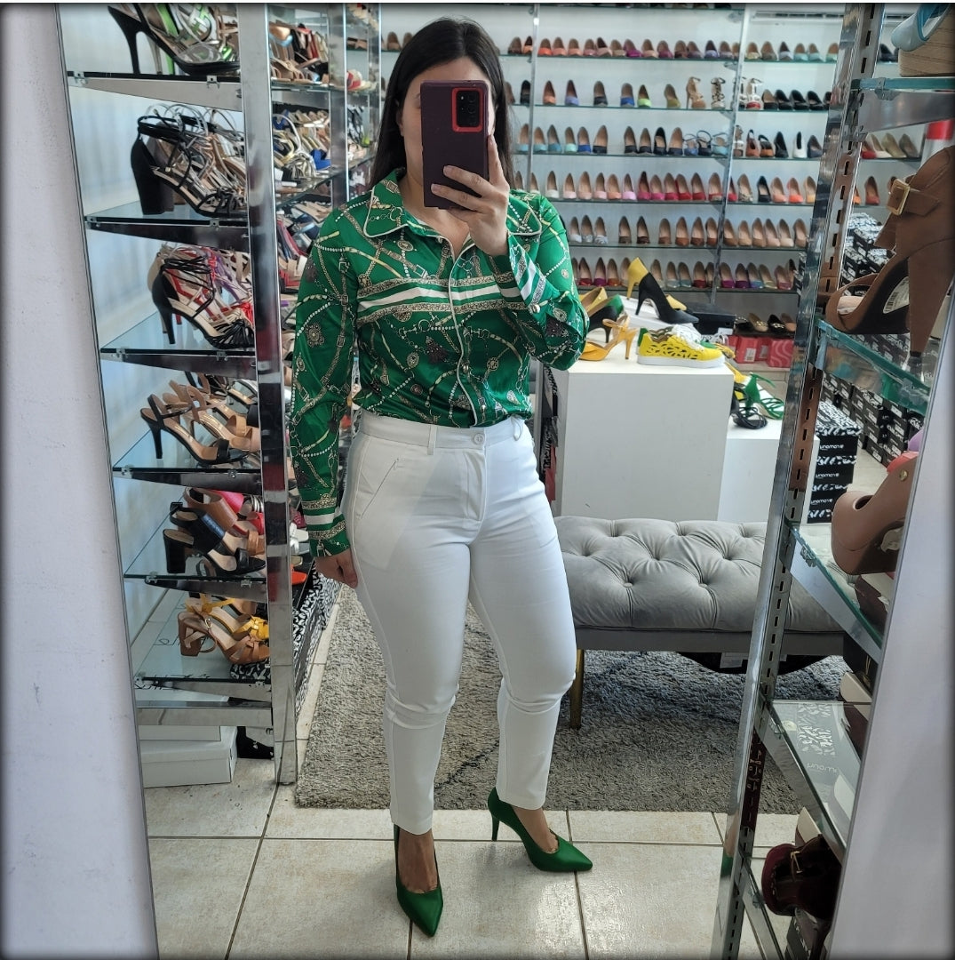 BLUSA MANGA LARGA VERDE ESTAMPADO CADENAS