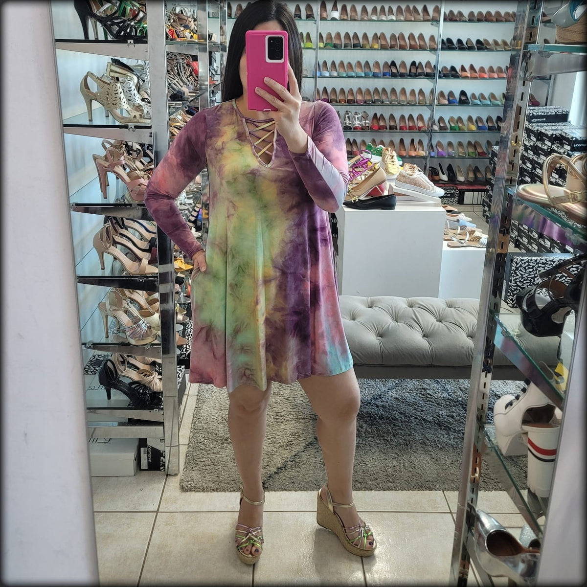 Vestido Corto Manga Larga Tie Dye Rosa