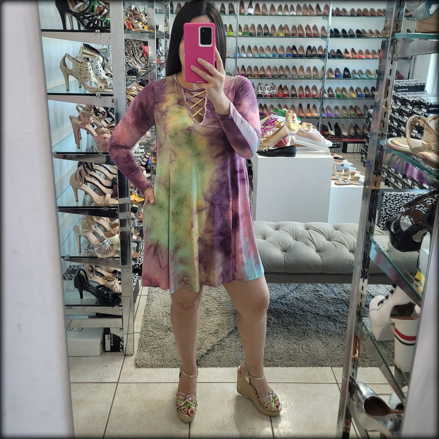 Vestido Corto Manga Larga Tie Dye Rosa