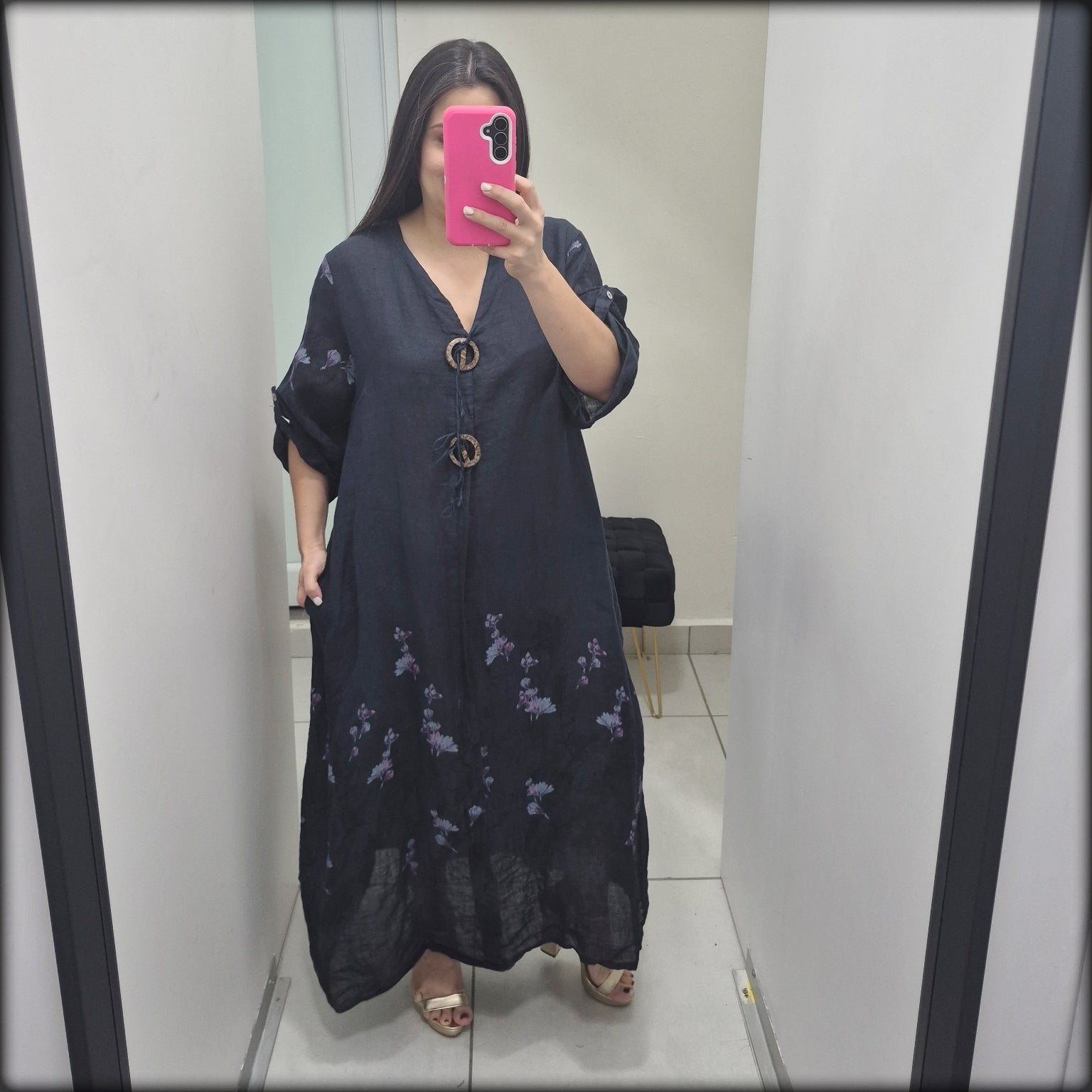 Vestido Largo Made In Italy 100% Lino Estampado