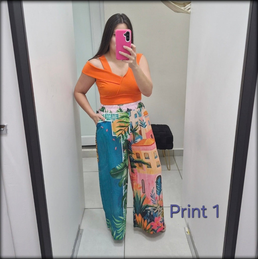 Pantalon Largo Made In Italy Estampado 80% Polyester 20% Lino