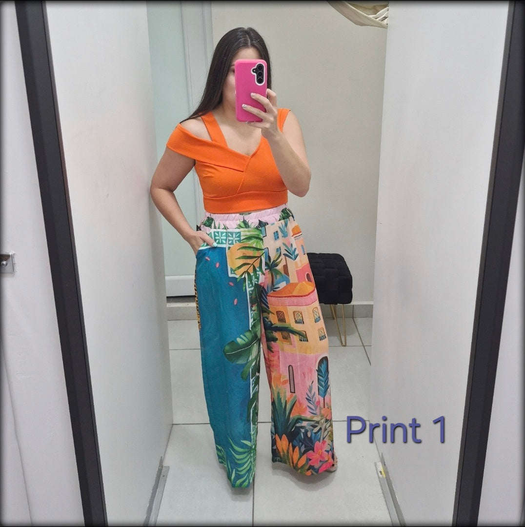 Pantalon Largo Made In Italy Estampado 80% Polyester 20% Lino