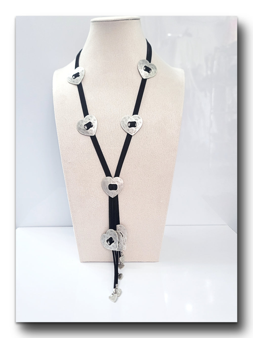 Collar Cordon Negro Corazones Plata Made in Turquia