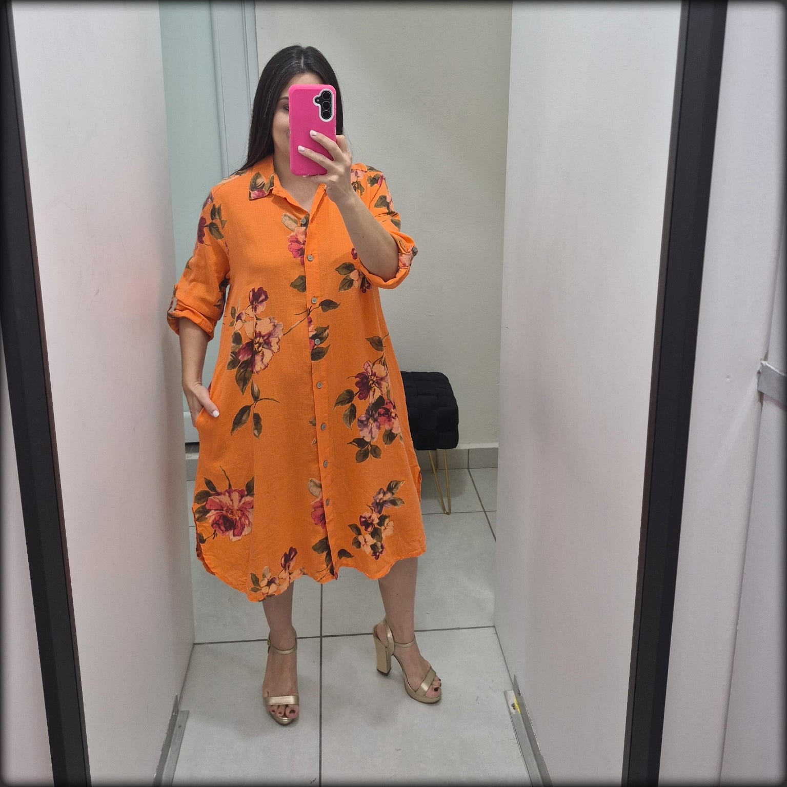 Vestido Camisero Corto Made In Italy 100% Lino Estampado Floral