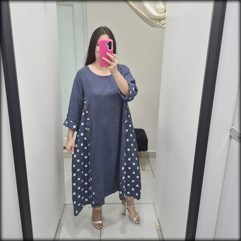 Vestido Largo Made In Italy 100% Lino Polkadot