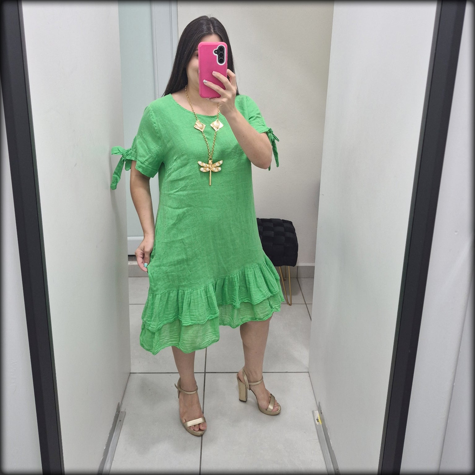 Vestido Corto 100% Lino Manga Corta Made In Italy