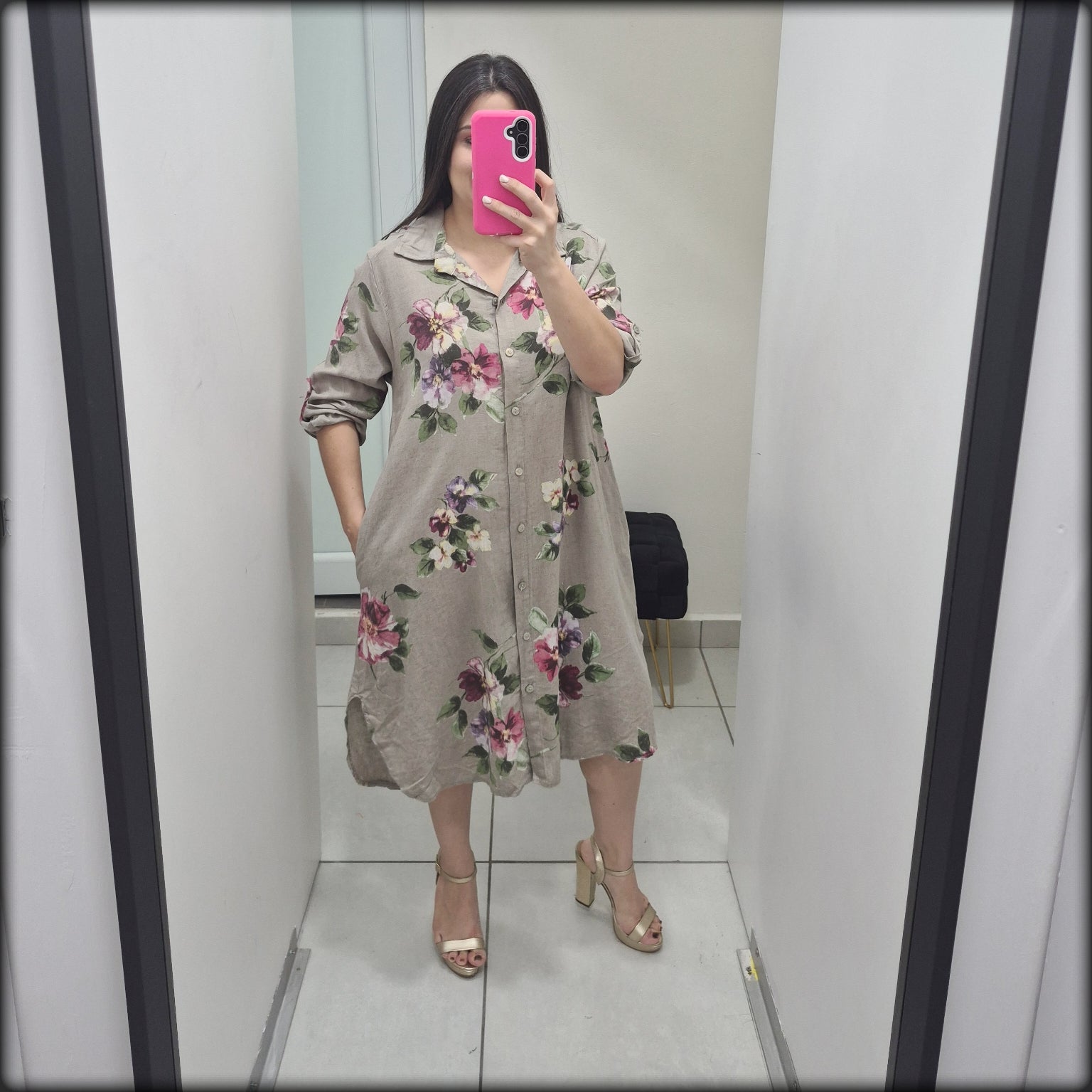 Vestido Camisero Corto Made In Italy 100% Lino Estampado Floral