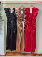 Vestido Largo Drapeado Made In Italy 95% Polyester 5% Elastano