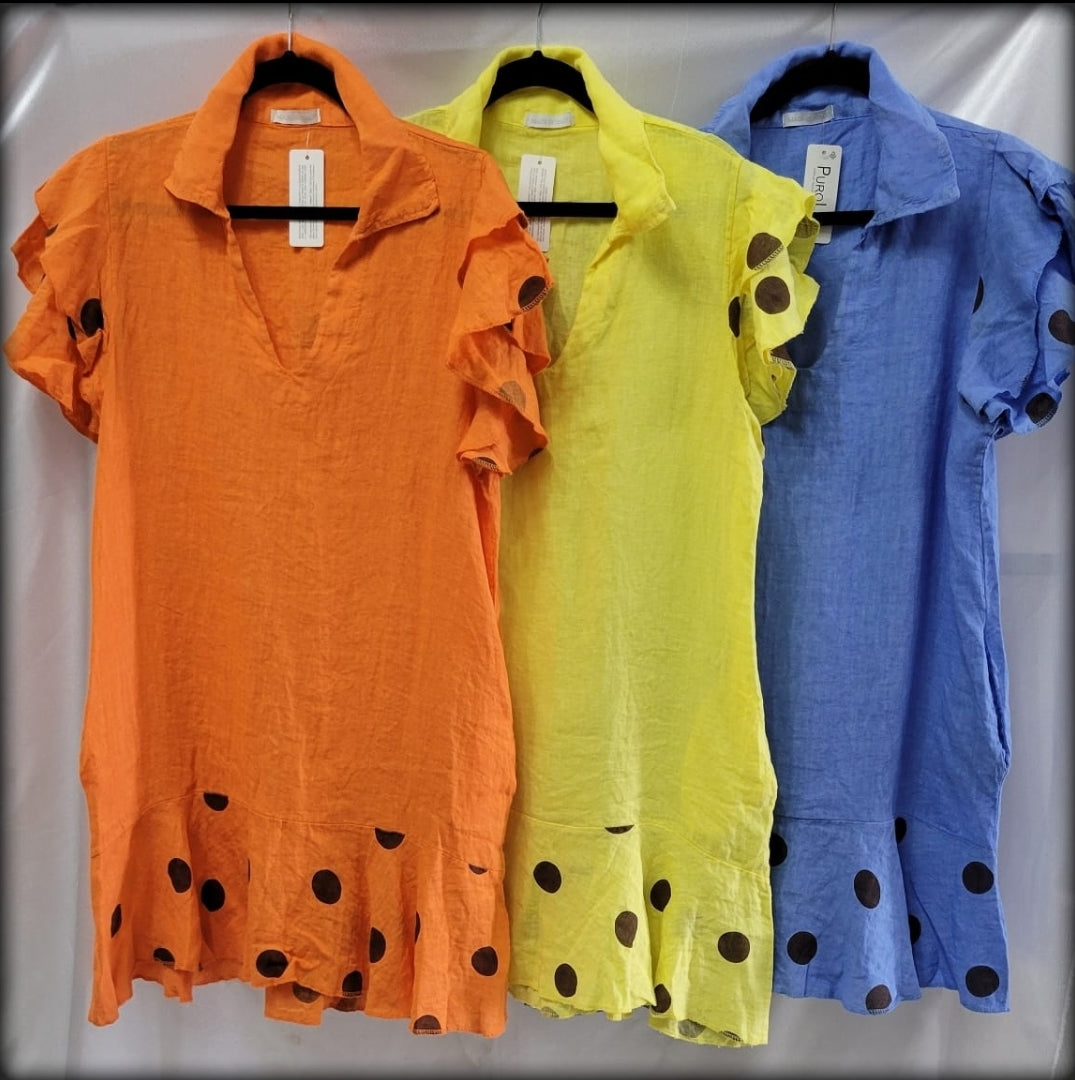 Vestido Corto Made In Italy 100% Lino Volantes PolkaDot