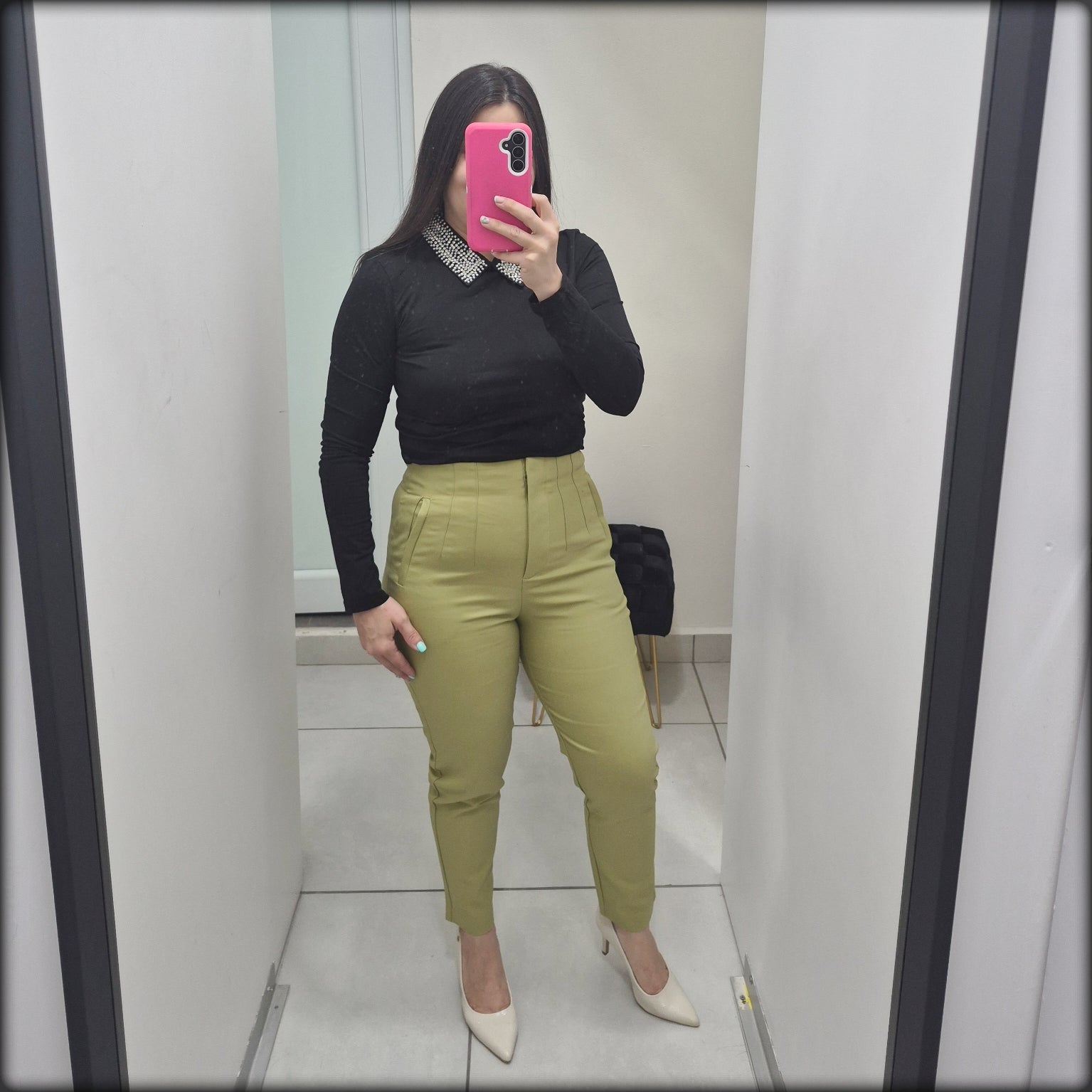 Blusa Manga Larga Negra Rhinestone Cuello