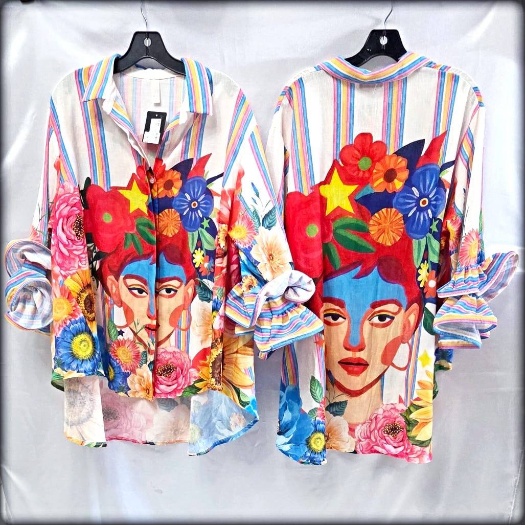 Blusa Made In Italy Estampado Frida Manga Volantes 80% Polyester 20% Lino