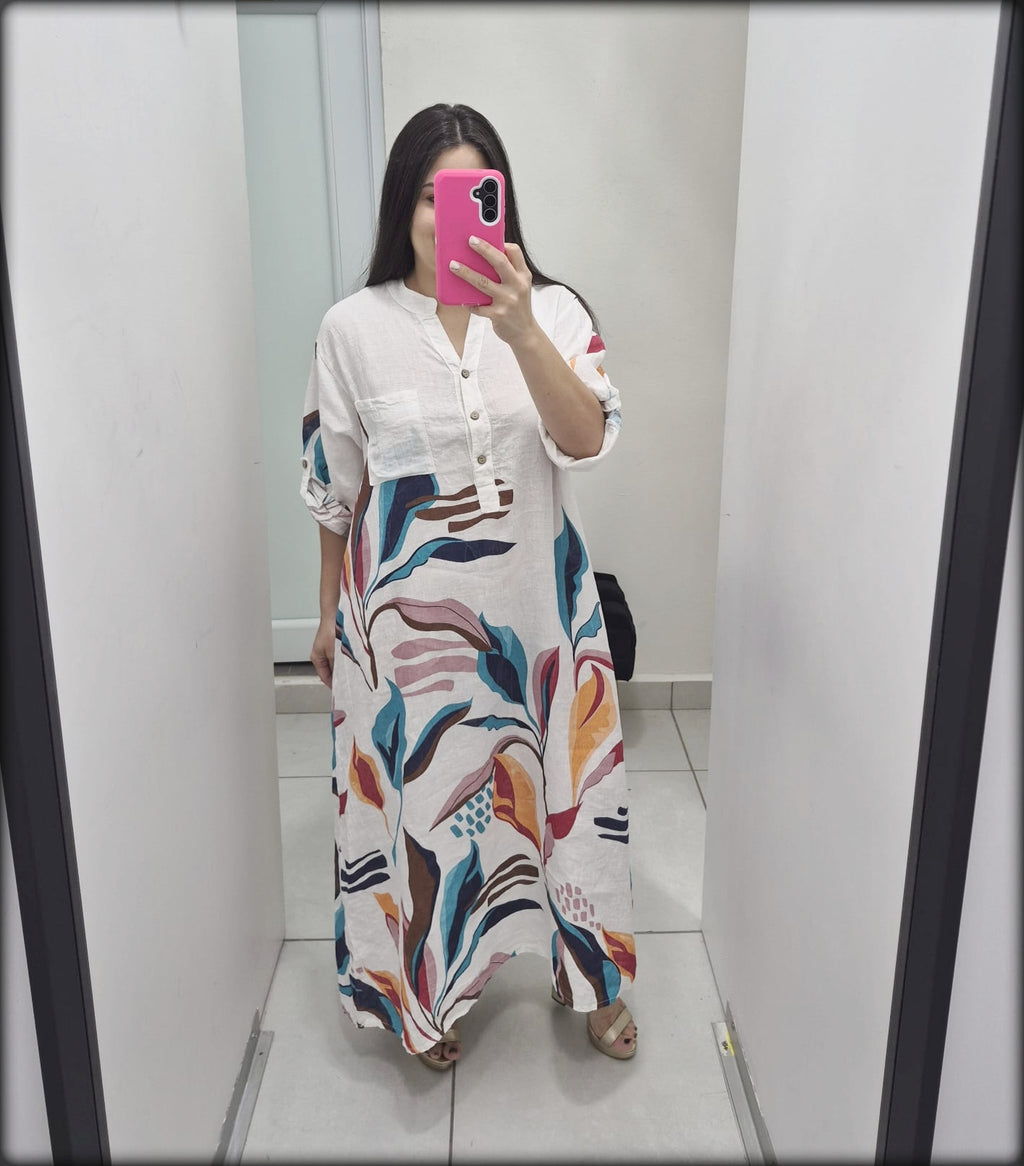 Vestido Largo Made In Italy Estampado hojas 100% Lino