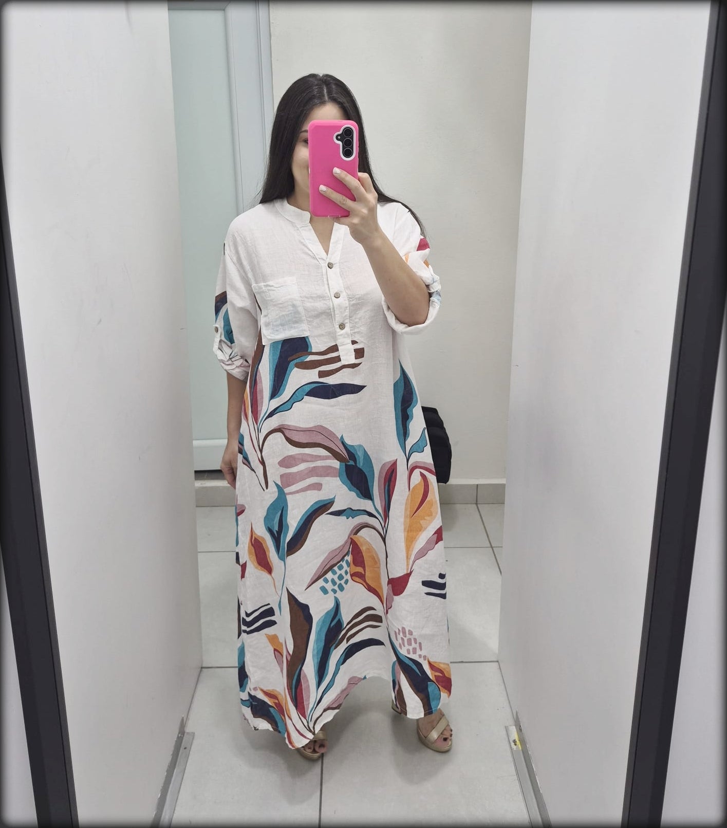 Vestido Largo Made In Italy Estampado hojas 100% Lino