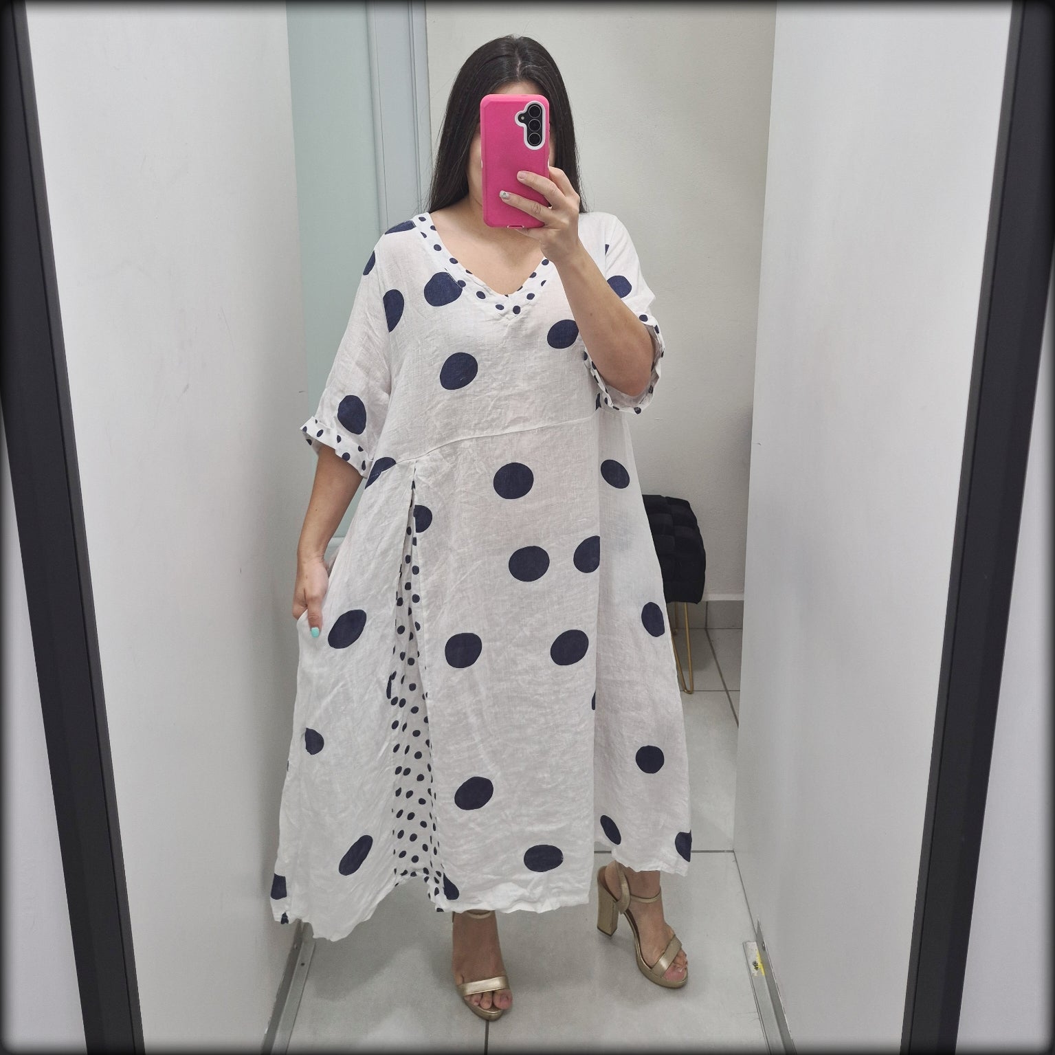 Vestido Largo 100% Lino Made In Italy Polkadot