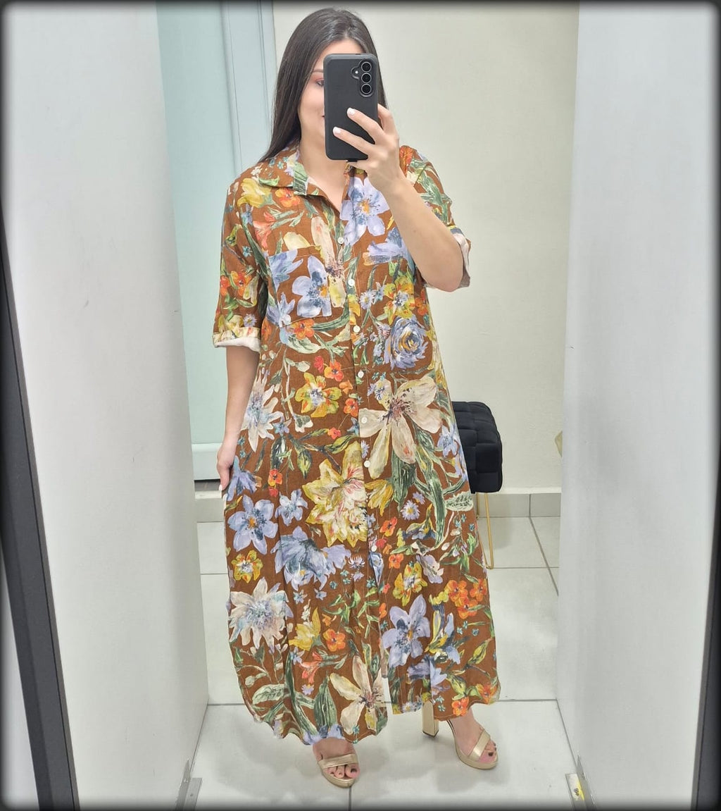 Vestido Largo Made In Italy 100% Lino Estampado
