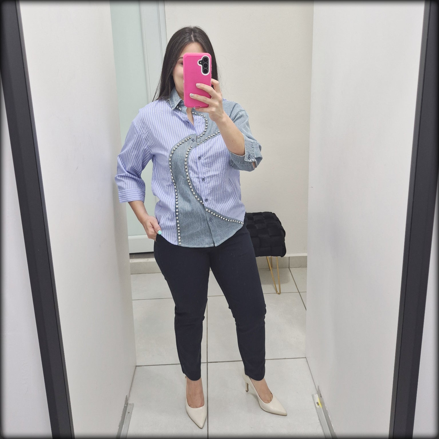 Blusa Manga 3/4 Denim Rhinestone