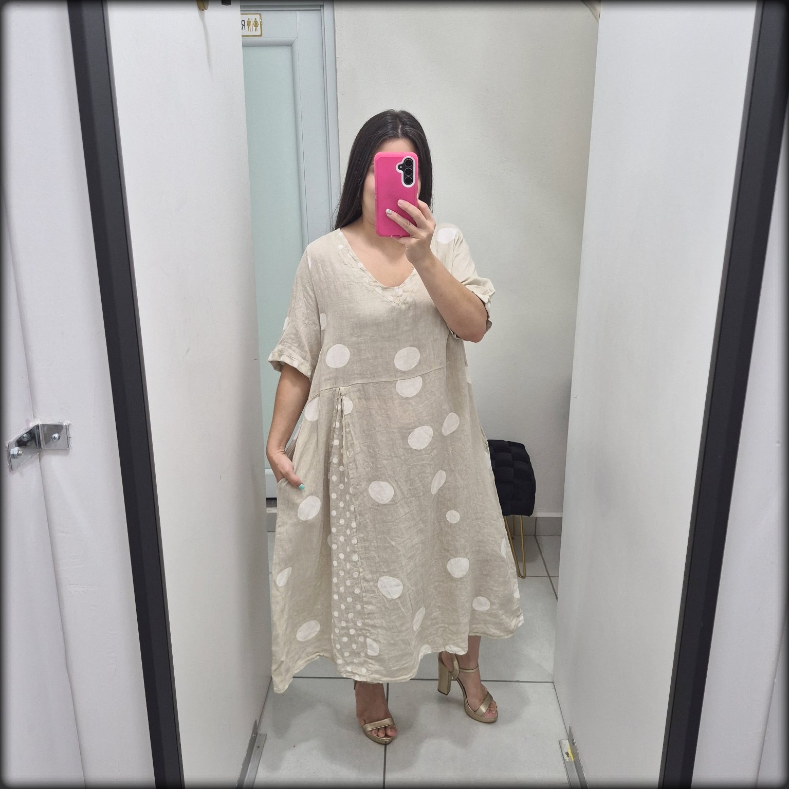 Vestido Largo 100% Lino Made In Italy Polkadot