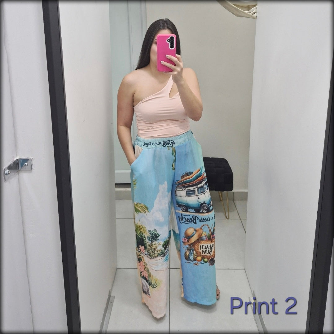 Pantalon Largo Made In Italy Estampado 80% Polyester 20% Lino