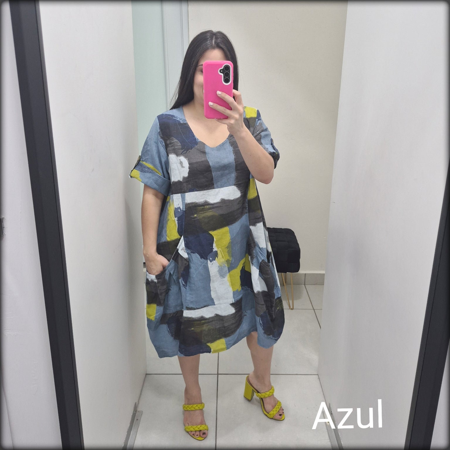 Vestido Corto Estampado Made In Italy 100% Lino