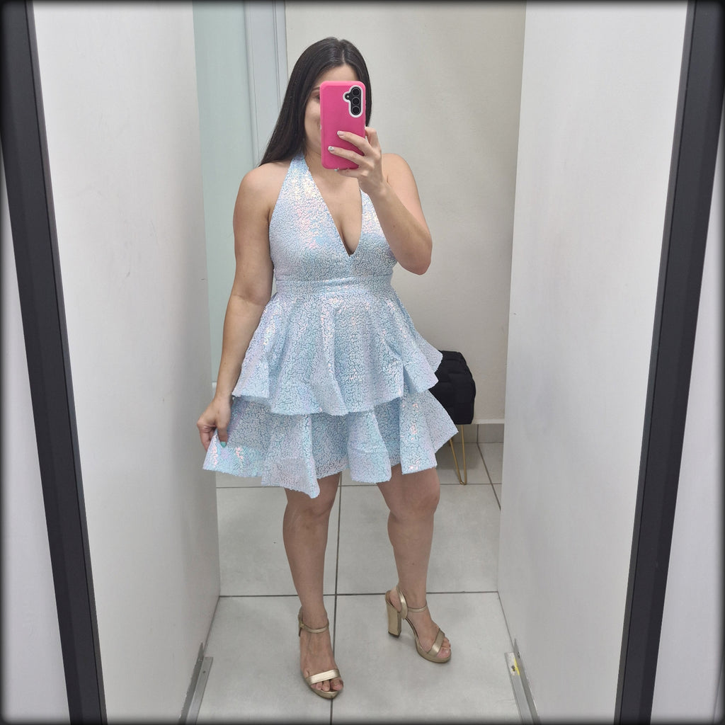 Vestido Corto Peplum Sequin Ice Blue