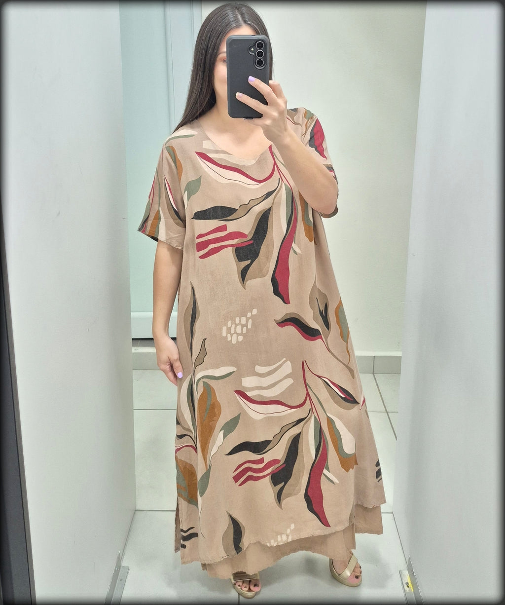 Vestido Largo Made In Italy Estampado hojas 100% Lino
