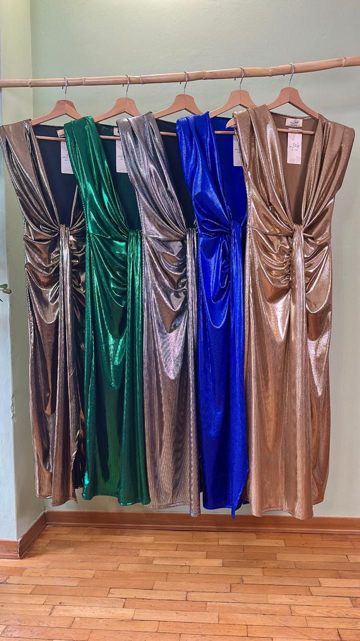 Vestido Largo Drapeado Made In Italy 95% Polyester 5% Elastano