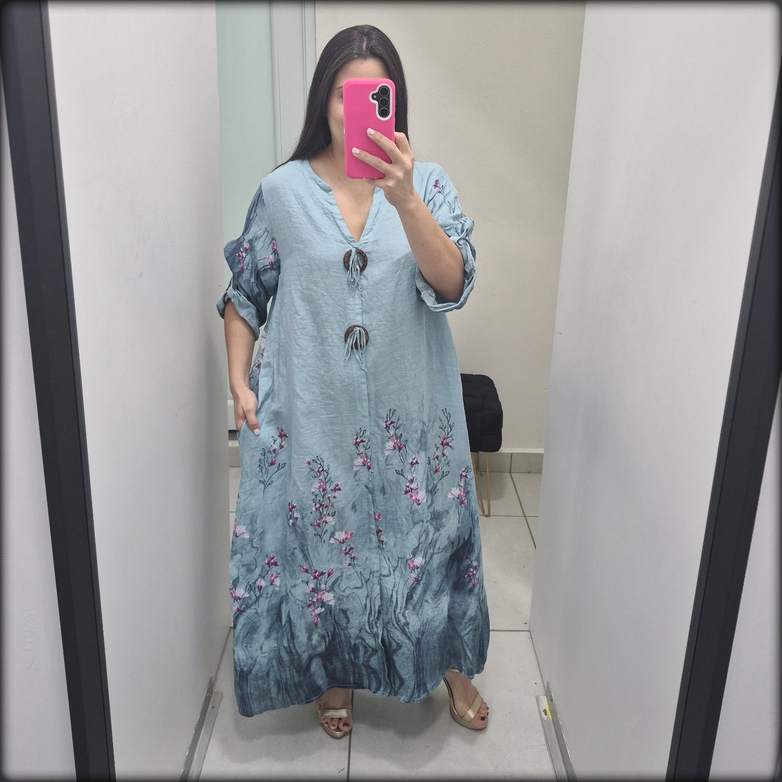 Vestido Largo Made In Italy 100% Lino Estampado