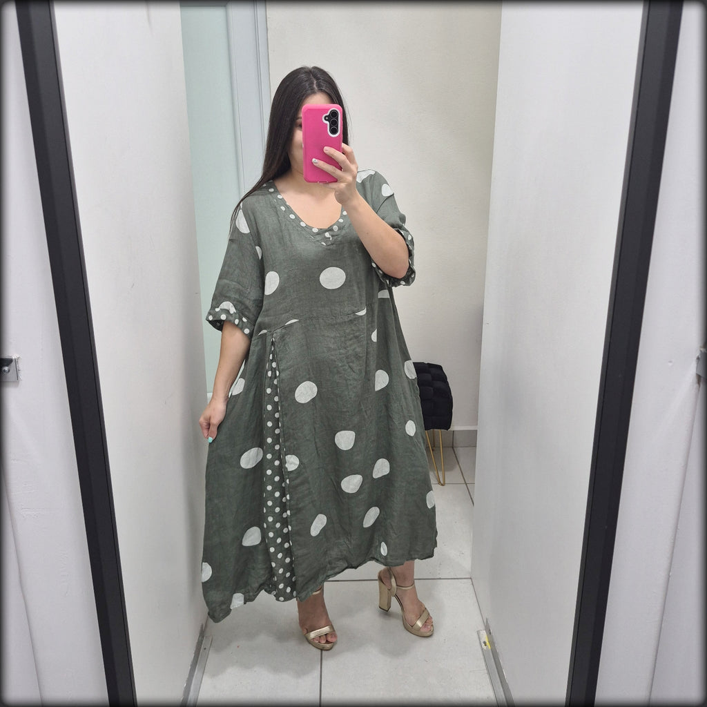 Vestido Largo 100% Lino Made In Italy Polkadot