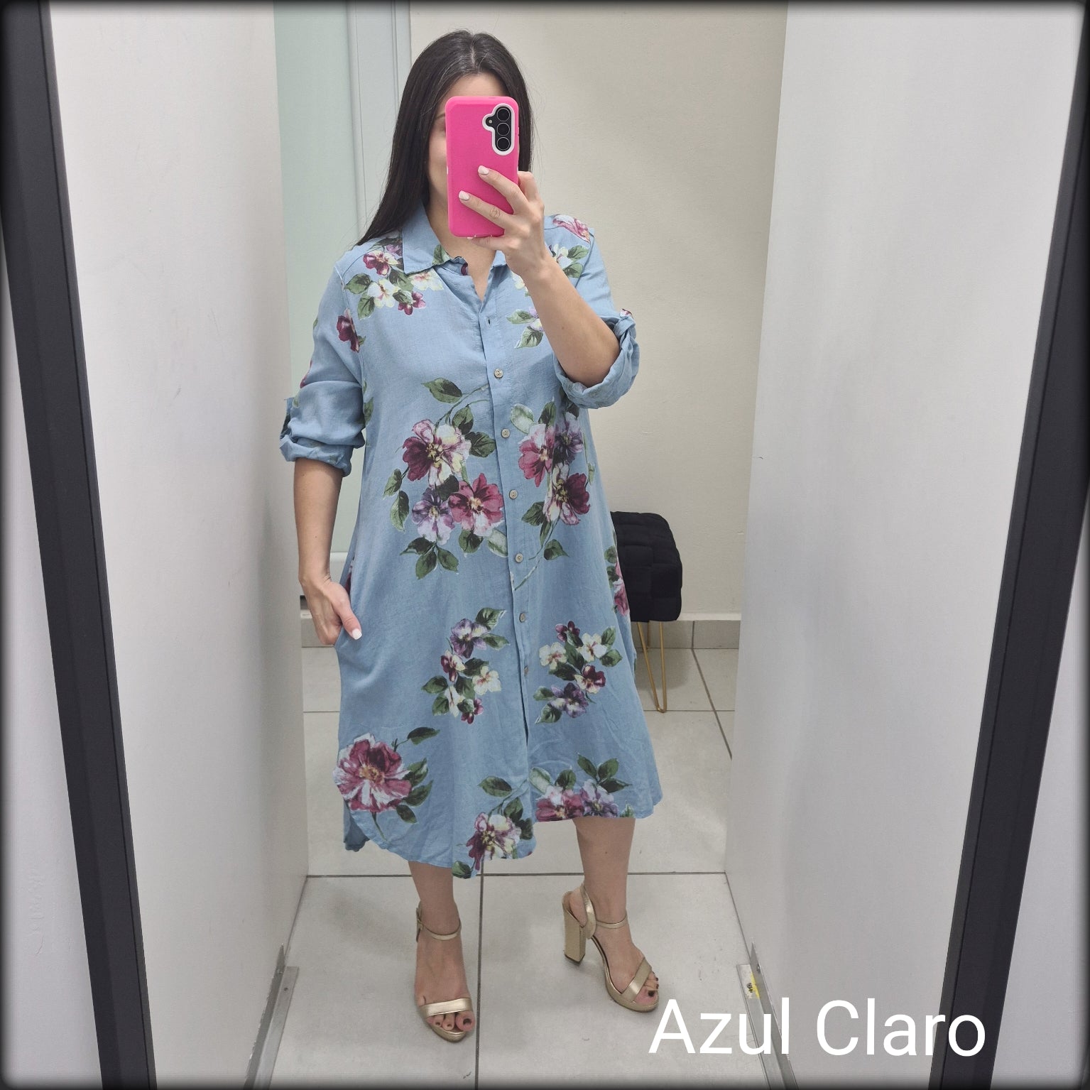 Vestido Camisero Corto Made In Italy 100% Lino Estampado Floral