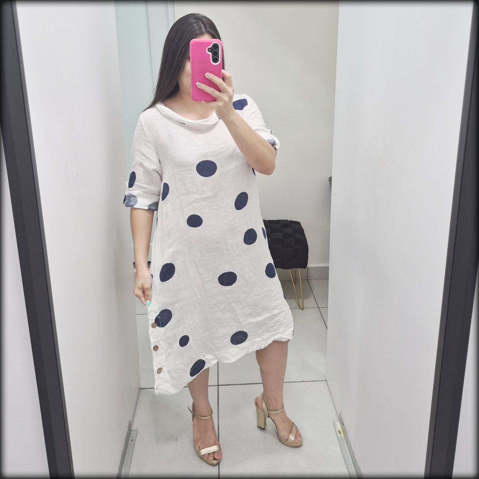 Vestido Corto Made In Italy 100% Lino Polkadot