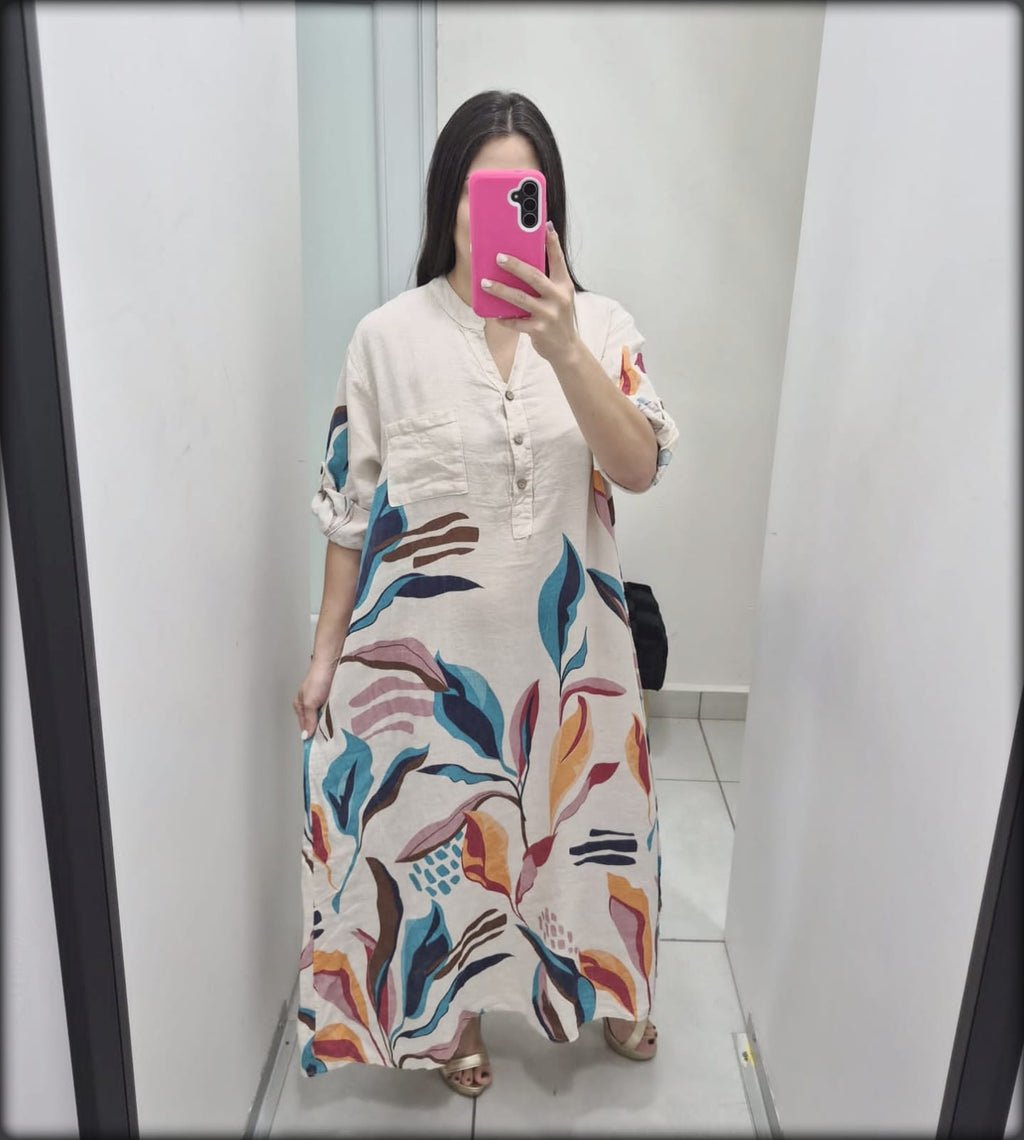 Vestido Largo Made In Italy Estampado hojas 100% Lino