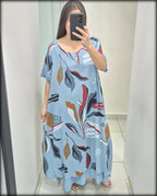 Vestido Largo Made In Italy Estampado hojas 100% Lino