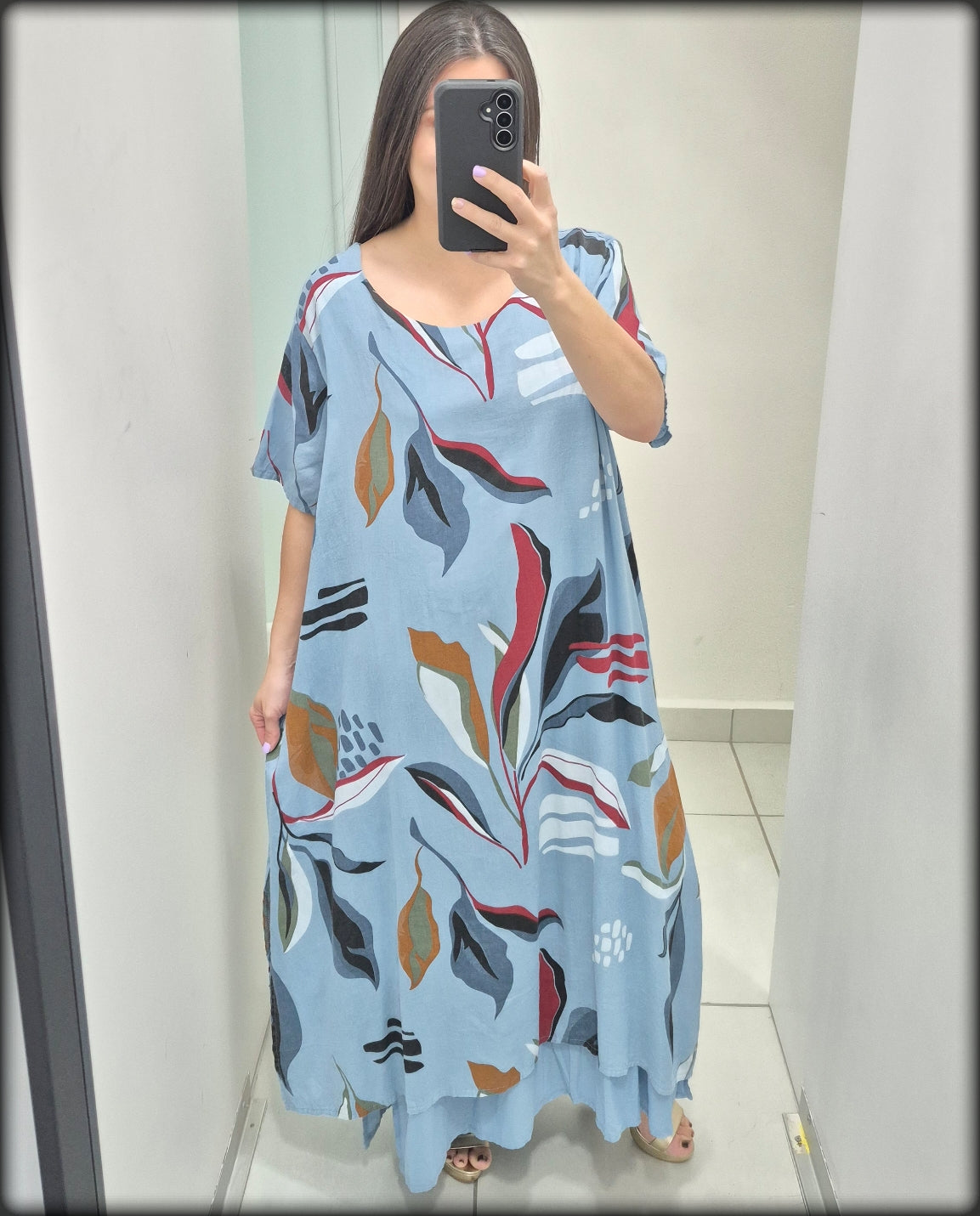 Vestido Largo Made In Italy Estampado hojas 100% Lino