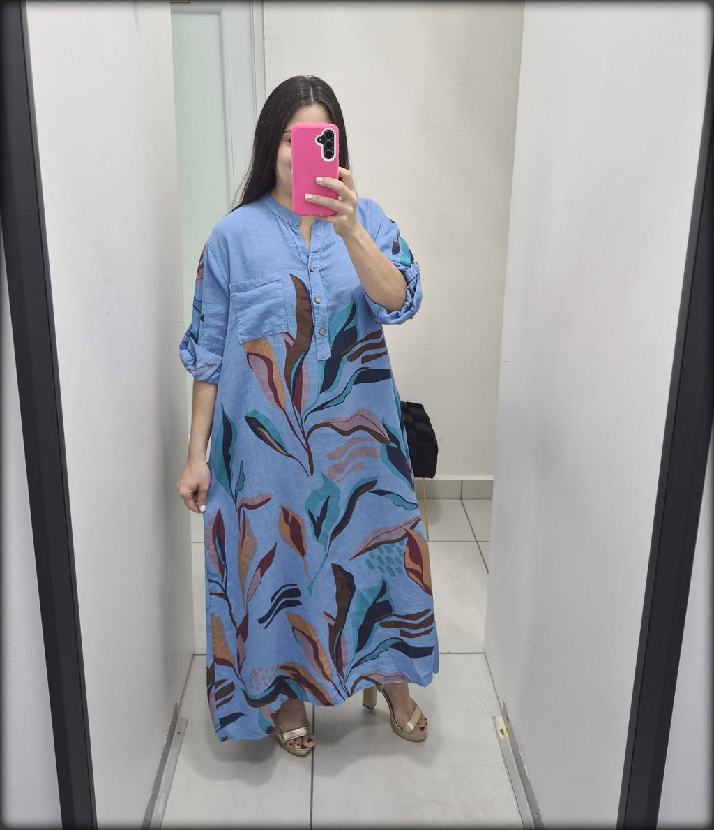 Vestido Largo Made In Italy Estampado hojas 100% Lino