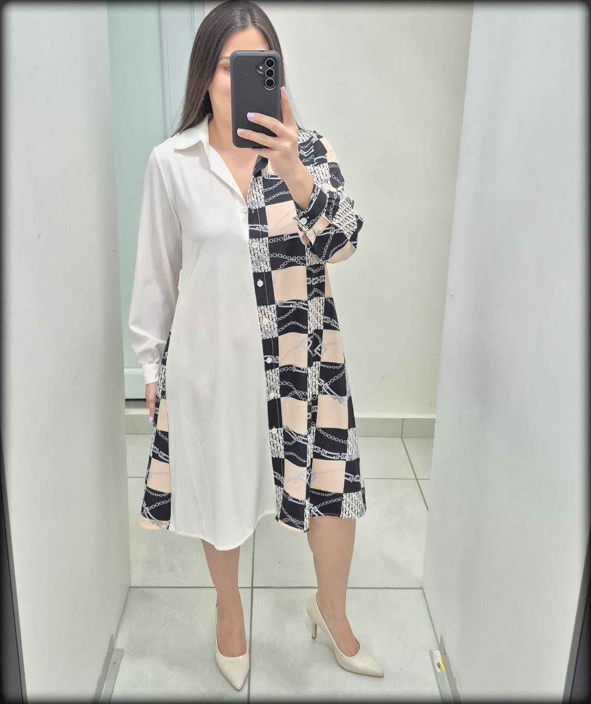 VESTIDO BLANCO ESTAMPADO NEGRO CREMA