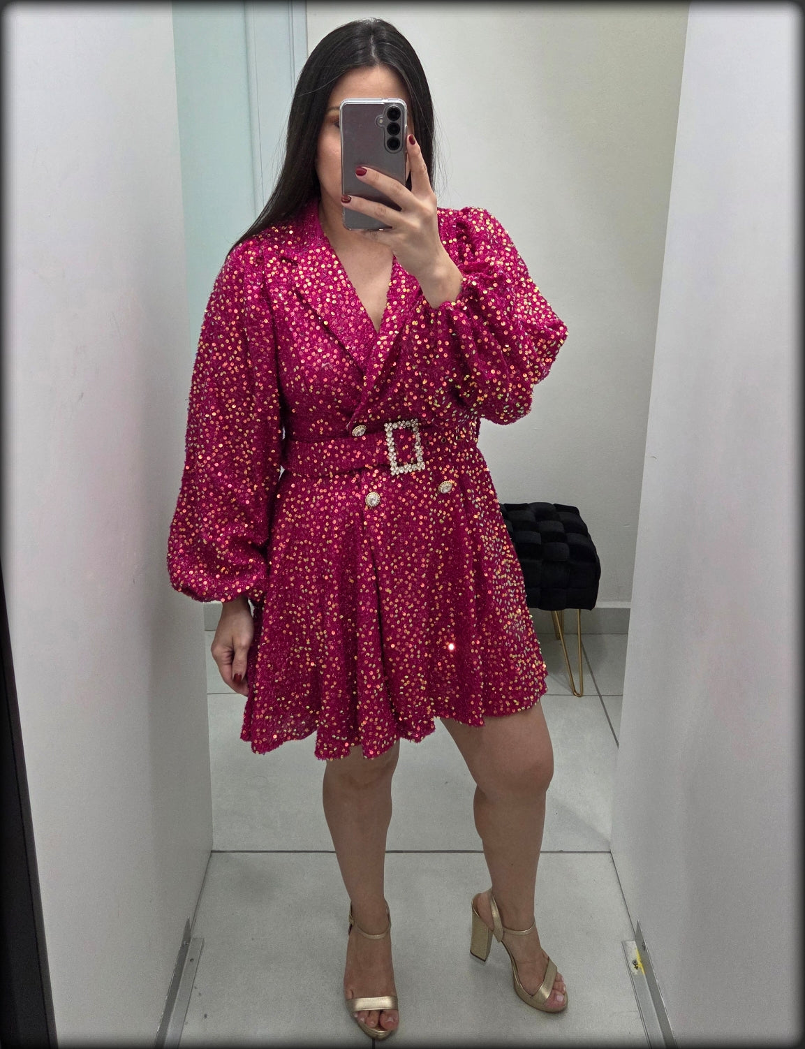 VESTIDO FUCSIA SEQUIN MANGA LARGA