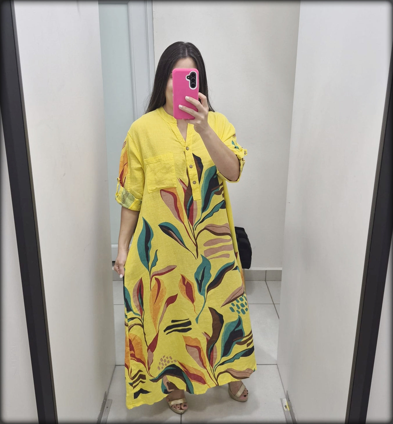 Vestido Largo Made In Italy Estampado hojas 100% Lino