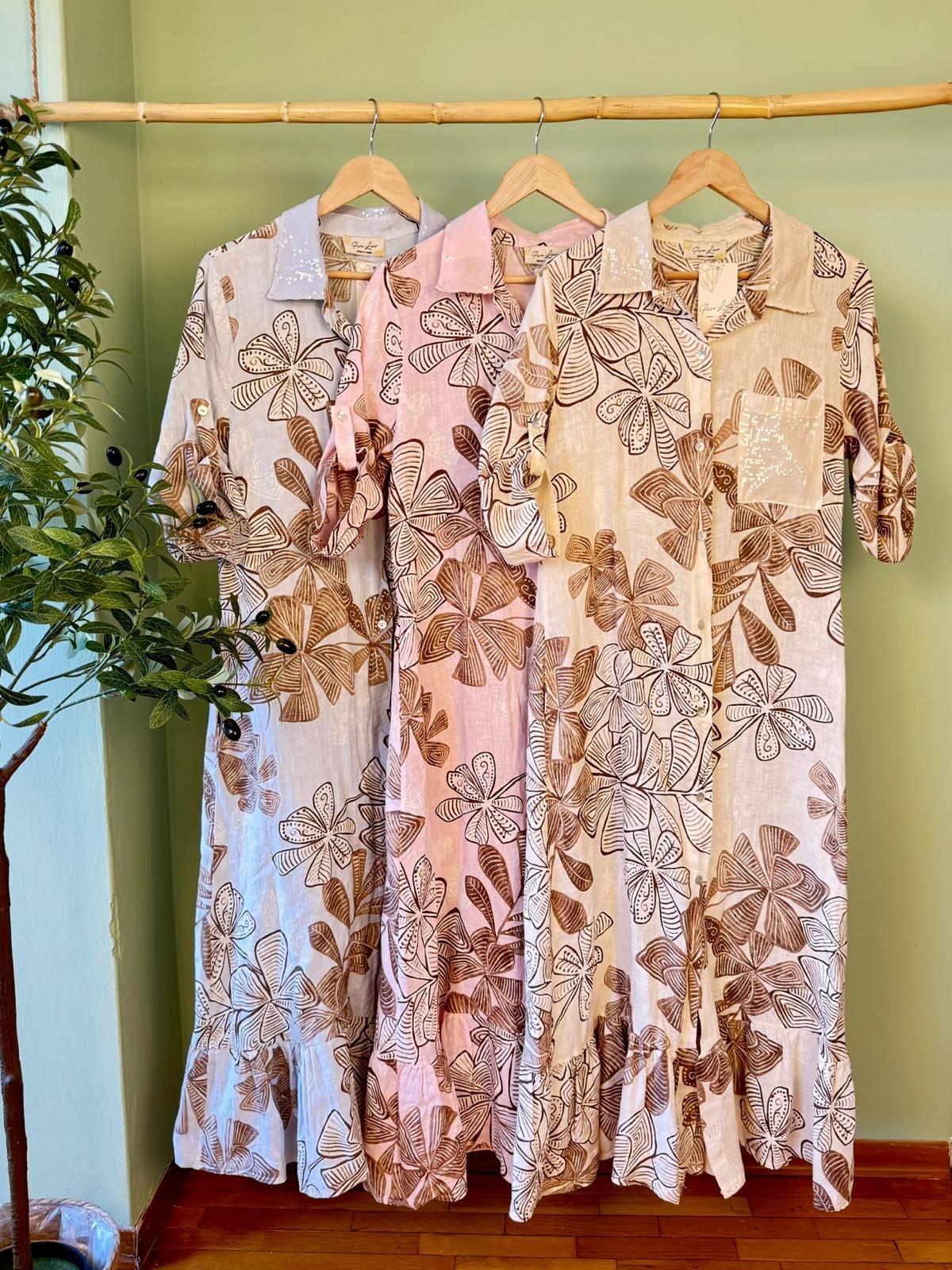 Vestido Largo Estampado Made In Italy 100% Lino