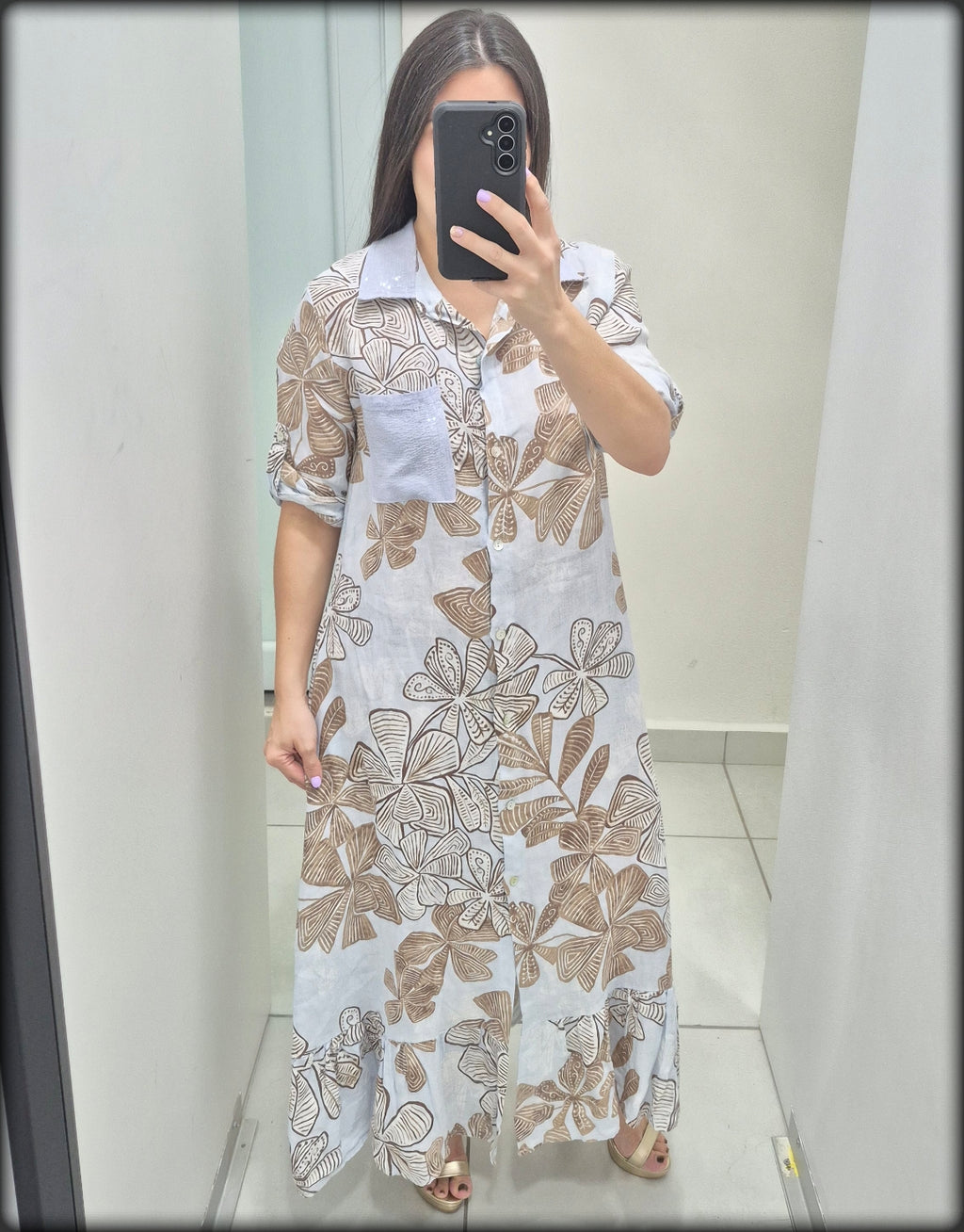 Vestido Largo Estampado Made In Italy 100% Lino