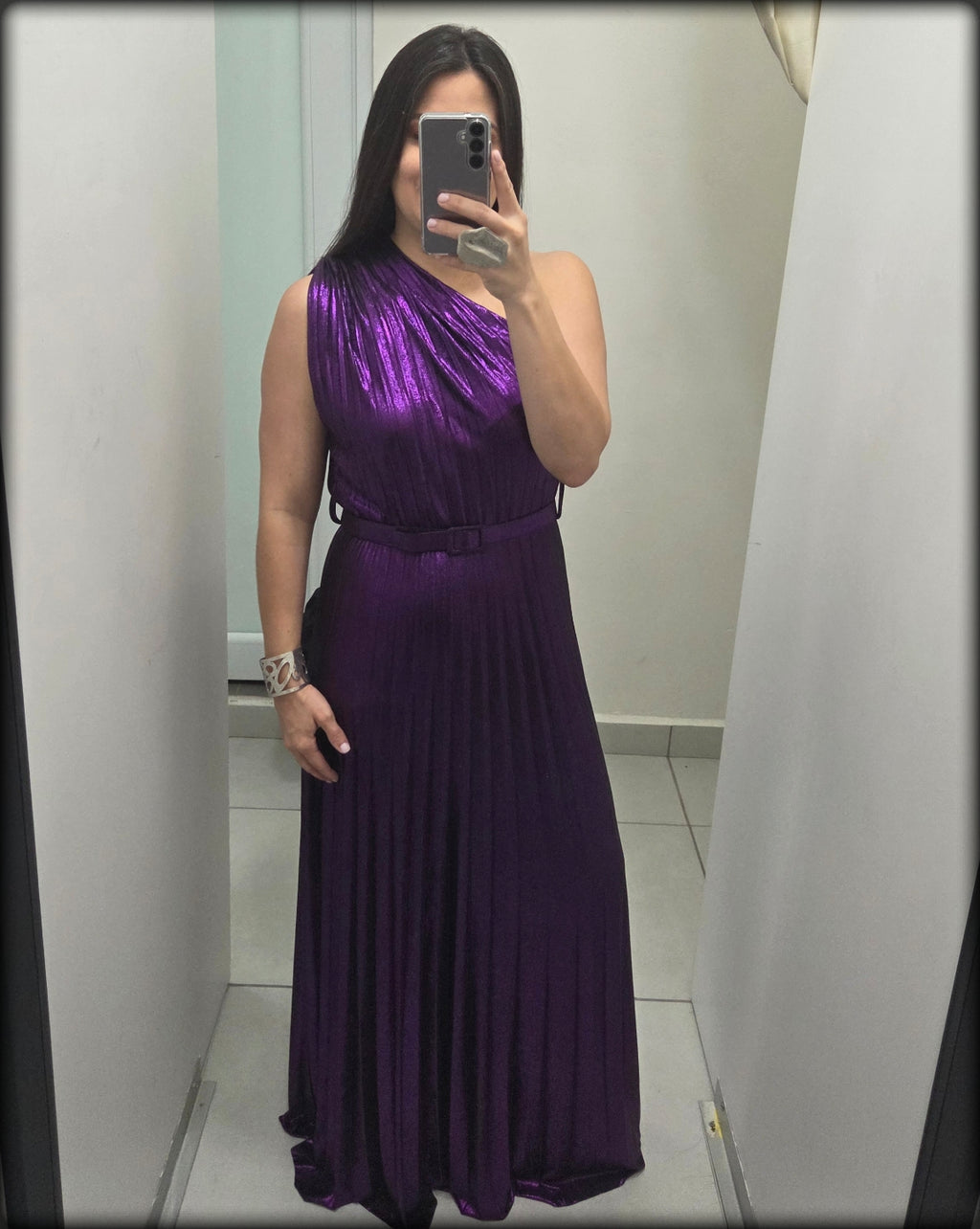 Vestido Largo Made In Italy Plisado One Shoulder 95% Polyester 5% Elastano