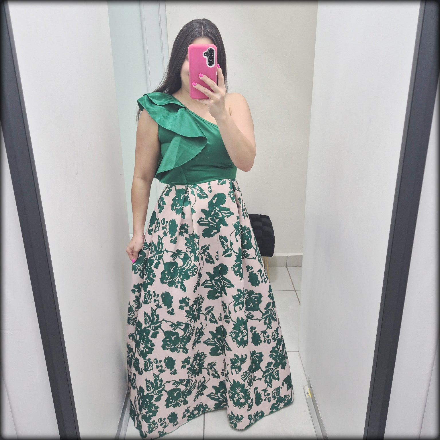 Vestido Largo One Shoulder Verde Estampado