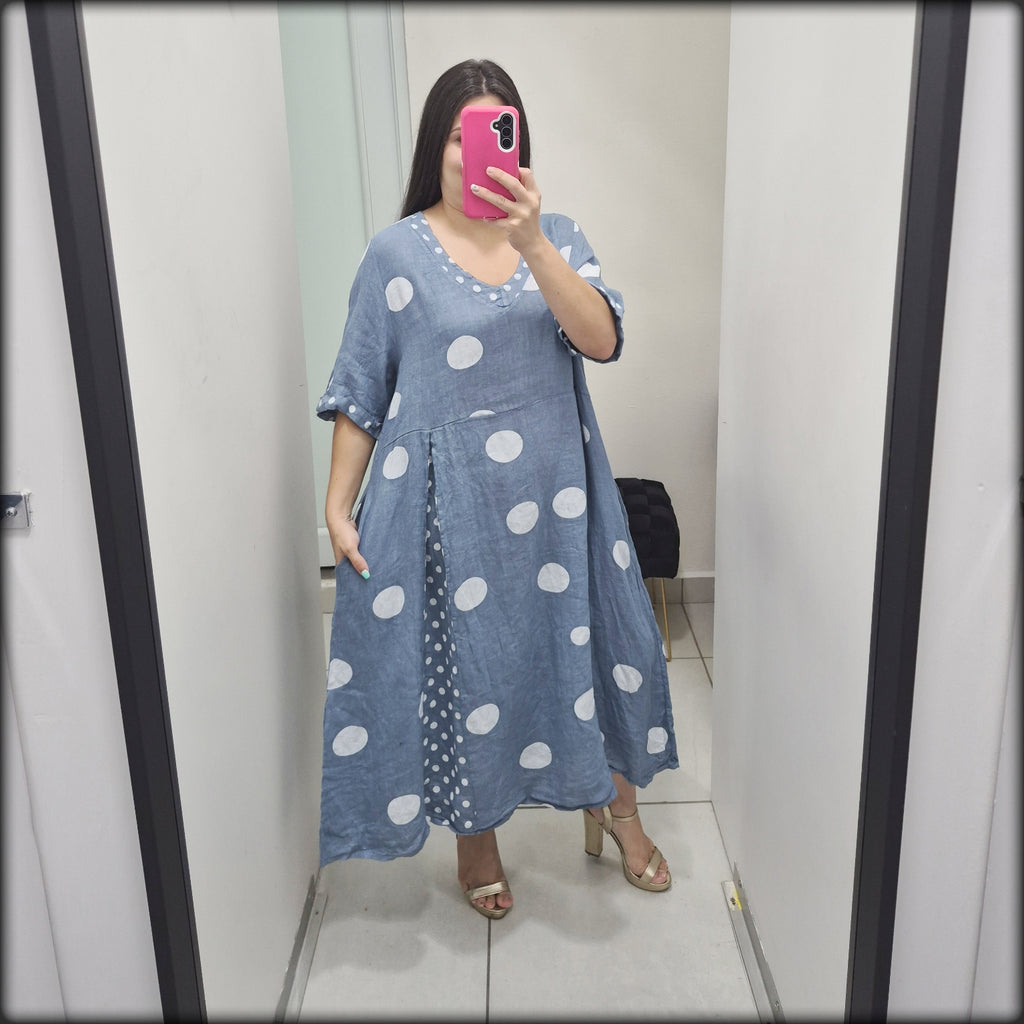 Vestido Largo 100% Lino Made In Italy Polkadot